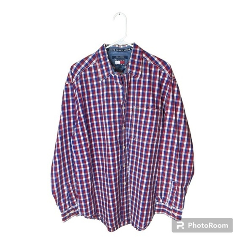 Tommy Jeans Red White and Blue Plaid Long Sleeve Button Down Shirt Size Large
